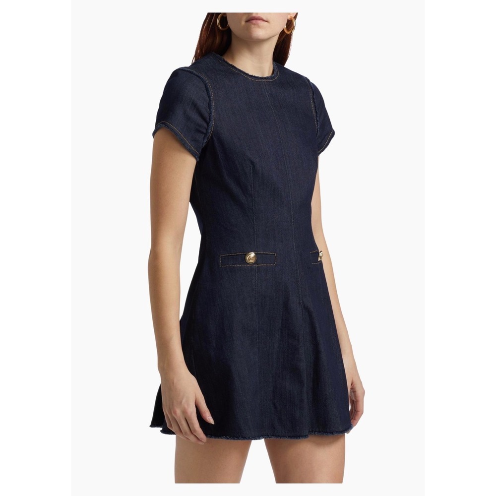 Cinq a Sept Denim Sheath Dress Gold Button Fringe Detail Short Sleeve